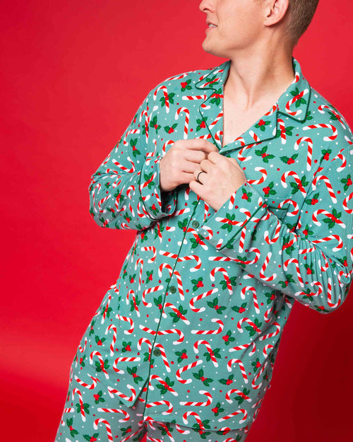 Baby Kids Bamboo Pajamas — Candy Cane Lane Men's Collar Shirt & Pants Set — Image 2