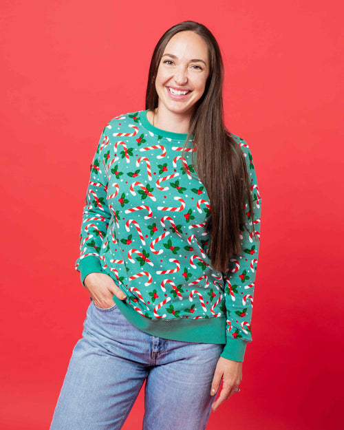 Baby Kids Bamboo Pajamas — Candy Cane Lane Women's Crew Neck Sweatshirt — Image 4