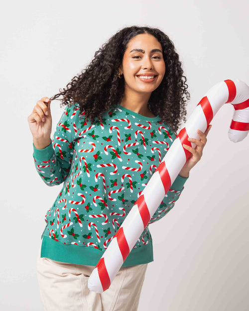 Baby Kids Bamboo Pajamas — Candy Cane Lane Women's Crew Neck Sweatshirt — Image 5