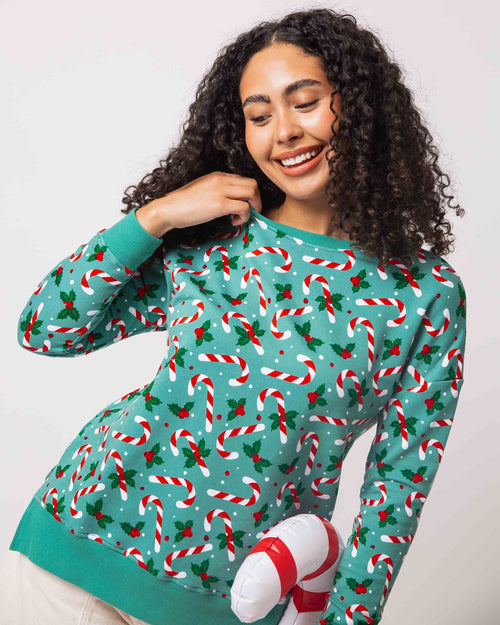 Baby Kids Bamboo Pajamas — Candy Cane Lane Women's Crew Neck Sweatshirt — Image 3