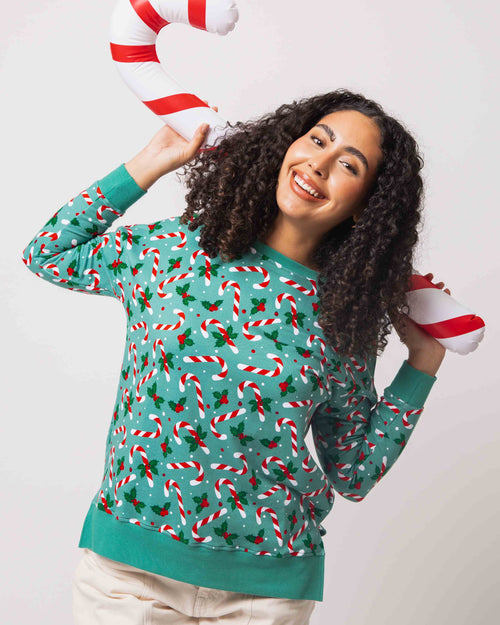 Baby Kids Bamboo Pajamas — Candy Cane Lane Women's Crew Neck Sweatshirt — Image 1