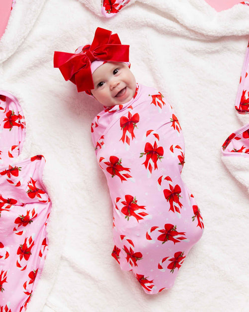 Baby Kids Bamboo Pajamas — Cane You Believe It Swaddle + Cap with Velvet Bow — Image 4