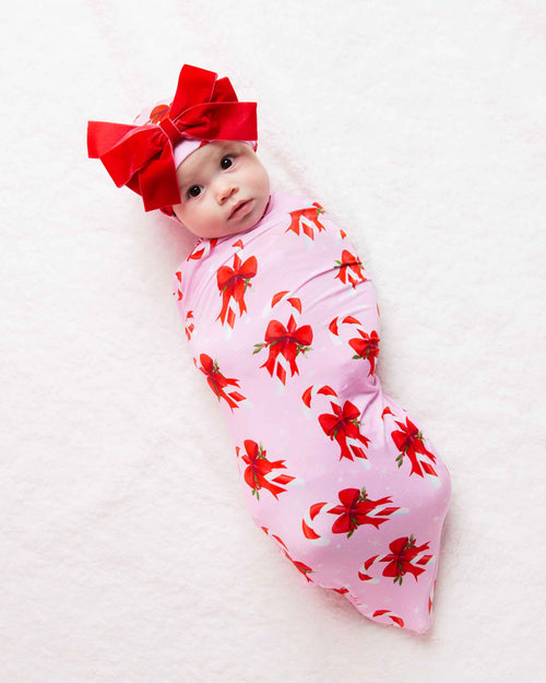 Baby Kids Bamboo Pajamas — Cane You Believe It Swaddle + Cap with Velvet Bow — Image 5