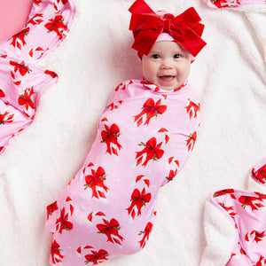 Baby Kids Bamboo Pajamas — Cane You Believe It Swaddle + Cap with Velvet Bow — Image 1