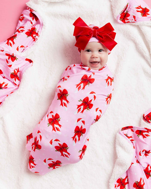 Baby Kids Bamboo Pajamas — Cane You Believe It Swaddle + Cap with Velvet Bow — Image 1