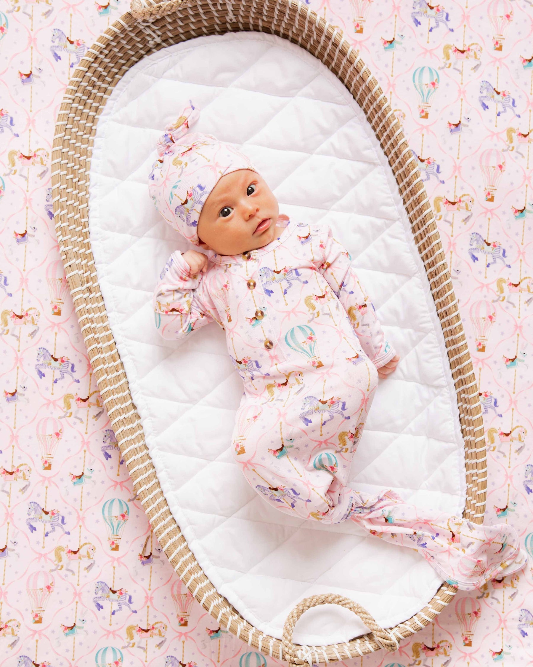 Baby Kids Bamboo Pajamas — Carousel Wishes Knotted Gown & Beanie Set — Image 7