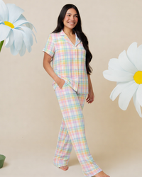 Baby Kids Bamboo Pajamas — Well Plaid Women's Short Sleeve Collar Shirt & Pants Pajama Set — Image 1