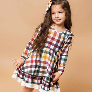 Baby Kids Bamboo Pajamas — Checkered & Charmed Long Sleeve Party Dress & Shorts Set — Image 1