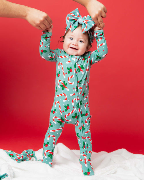 Baby Kids Bamboo Pajamas — Candy Cane Lane Footie — Image 5