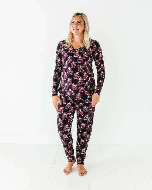 Baby Kids Bamboo Pajamas — Clausin' Trouble Women's Long Sleeve V-Neck Shirt — Image 3