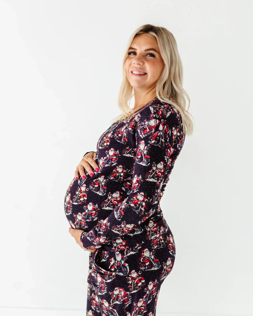 Baby Kids Bamboo Pajamas — Clausin' Trouble Women's Long Sleeve V-Neck Shirt — Image 5