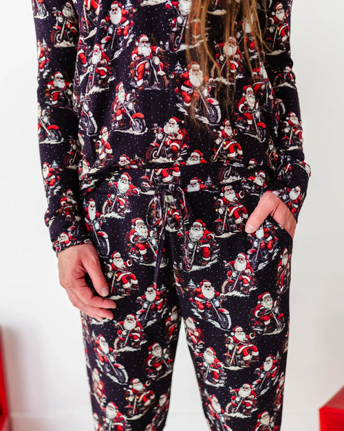 Baby Kids Bamboo Pajamas — Clausin' Trouble Women's Long Sleeve V-Neck Shirt — Image 4