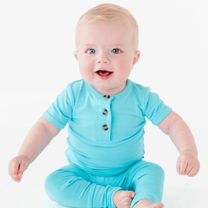 Baby Kids Bamboo Pajamas — Coastal Blue Short Sleeve Two-Piece Button Set — Image 1