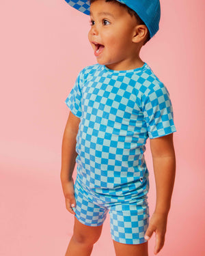 Baby Kids Bamboo Pajamas — Cool Checks Short Sleeve Two-Piece Pajama Shorts Set — Image 1