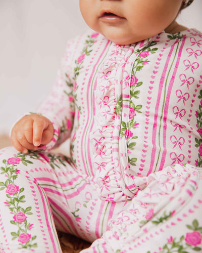 Baby Kids Bamboo Pajamas — Bowquet of Roses Ruffle Footie — Image 1