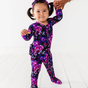 Baby Kids Bamboo Pajamas — Midnight Bloom Ruffle Footie — Image 1