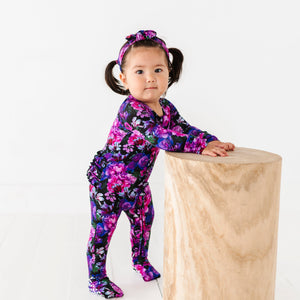 Bums & Roses - Baby & Kids Bamboo Pajamas - Midnight Bloom Convertible Ruffle Romper - Image 1