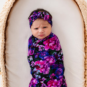 Baby Kids Bamboo Pajamas — Midnight Bloom Swaddle & Headwrap Set — Image 1