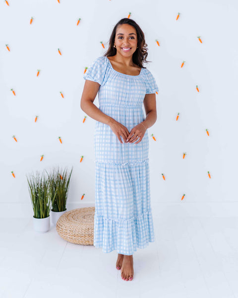 Bums & Roses Cottontail Gingham Women's Short Sleeve Midi Dress, Hypoallergenic & Antibacterial Bamboo Fabric, S