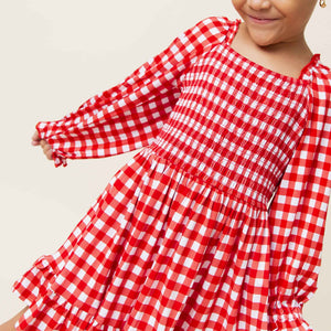 Baby Kids Bamboo Pajamas — Country Checked Smocked Balloon Sleeve Dress — Image 1