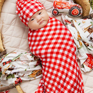 Baby Kids Bamboo Pajamas — Country Checked Swaddle & Beanie Set — Image 1