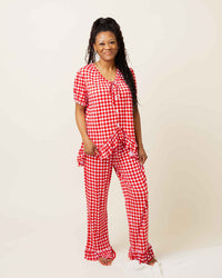 Baby Kids Bamboo Pajamas — Country Checked Women's Short Sleeve Collar Shirt & Pants Pajama Set — Image 1