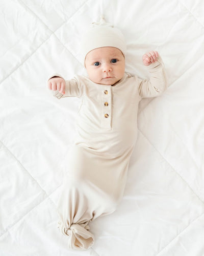 Bums & Roses - Baby & Kids Bamboo Pajamas - Cream Puff Knotted Gown & Beanie Set - Image 1