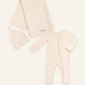 Baby Kids Bamboo Pajamas — Cream Puff Footie + Swaddle & Beanie Set Bundle — Image 1