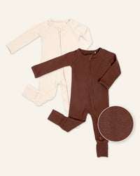 Baby Kids Bamboo Pajamas — Cream Puff + Mocha Me Happy Ribbed Convertible Rompers Bundle — Image 1