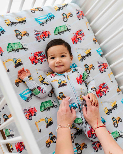 Baby Kids Bamboo Pajamas — Keep on Truckin' Crib Sheet — Image 1