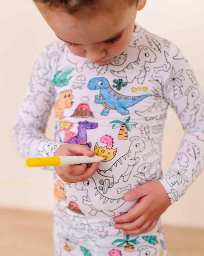 Baby Kids Bamboo Pajamas — Colorable Dinosaur Long Sleeve Two-Piece Pajama Set — Image 1