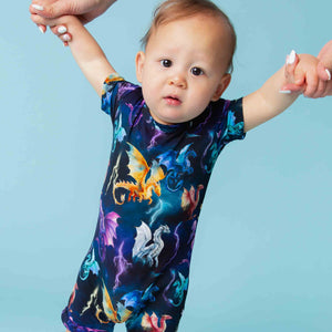 Baby Kids Bamboo Pajamas — Dragon My Heart Shortie Romper — Image 1