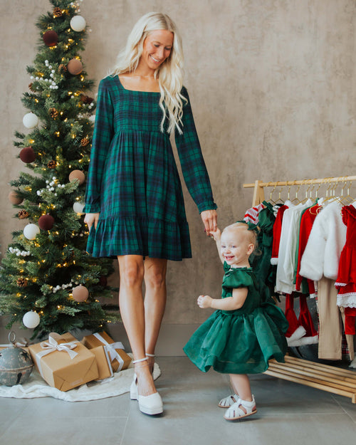 Plaid Tidings Women's Smocked Balloon Sleeve Dress