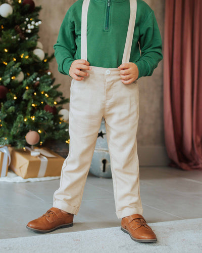 Baby Kids Bamboo Pajamas — Bamboo Linen Suspenders - Oat — Image 1