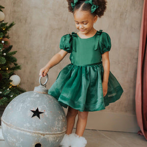 Baby Kids Bamboo Pajamas — Satin Puff Sleeve Dress — Image 1