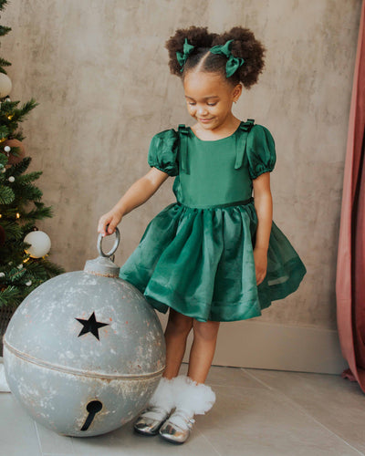 Baby Kids Bamboo Pajamas — Satin Puff Sleeve Dress — Image 1