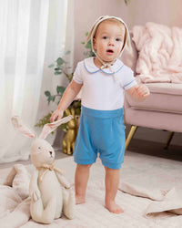 Baby Kids Bamboo Pajamas — Blue Heritage Collared Romper — Image 1