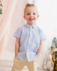 Baby Kids Bamboo Pajamas — Blue Striped Boys Short Sleeve Button Down Shirt — Image 1