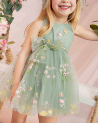 Baby Kids Bamboo Pajamas — Green Embroidered Floral Tulle Dress — Image 1