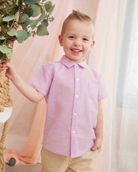 Baby Kids Bamboo Pajamas — Pink Gingham Boys Short Sleeve Button Down Shirt — Image 1