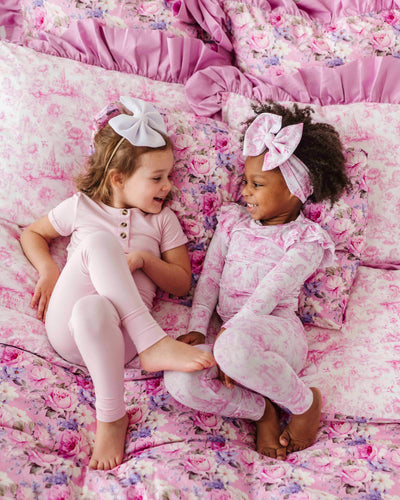 Baby Kids Bamboo Pajamas — Blush in Bloom Reversible Ruffled Duvet Cover Set — Image 1