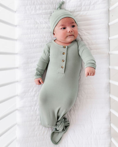 Bums & Roses - Baby & Kids Bamboo Pajamas - Eucalyptus Knotted Gown & Beanie Set - Image 1