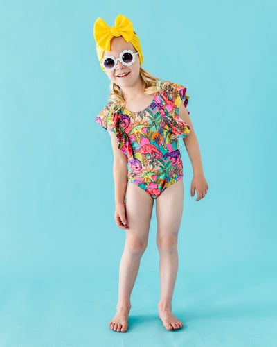 Bums & Roses - Baby & Kids Bamboo Pajamas - Extra-roar-dinary Ruffle Sleeve Girls One Piece Swimsuit - Image 1