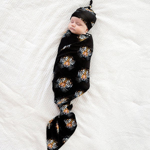 Bums & Roses - Baby & Kids Bamboo Pajamas - Eye of the Tiger Swaddle Beanie Set - Image 1