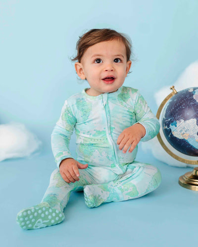 Baby Kids Bamboo Pajamas — For What It's Earth Footie - Green — Image 1