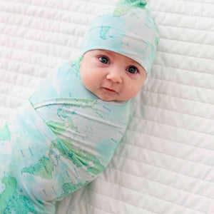 Baby Kids Bamboo Pajamas — For What It's Earth Swaddle Beanie Set - Green — Image 1