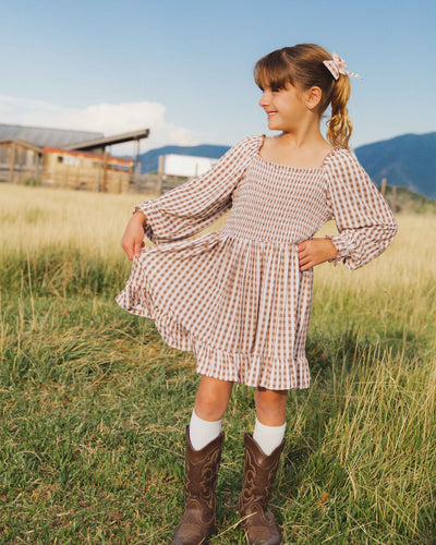 Baby Kids Bamboo Pajamas — Gingham Style Smocked Balloon Sleeve Dress — Image 1