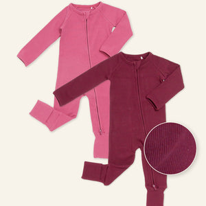 Baby Kids Bamboo Pajamas — Berry Cozy + Plum Pickin’ Ribbed Convertible Rompers Bundle — Image 1