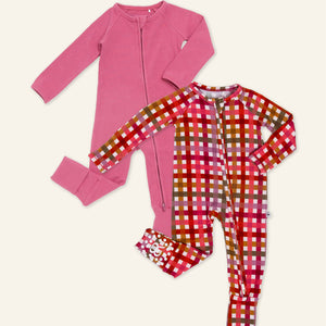 Baby Kids Bamboo Pajamas — Plum Pickin’ + Plaid It Cool Convertible Rompers Bundle — Image 1