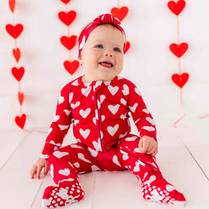 Baby Kids Bamboo Pajamas — Heart Beet Convertible Romper — Image 1